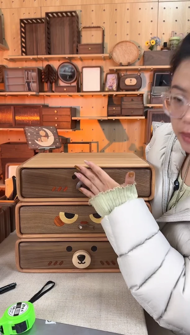 木樱桃木小猫单层抽屉桌面柜子