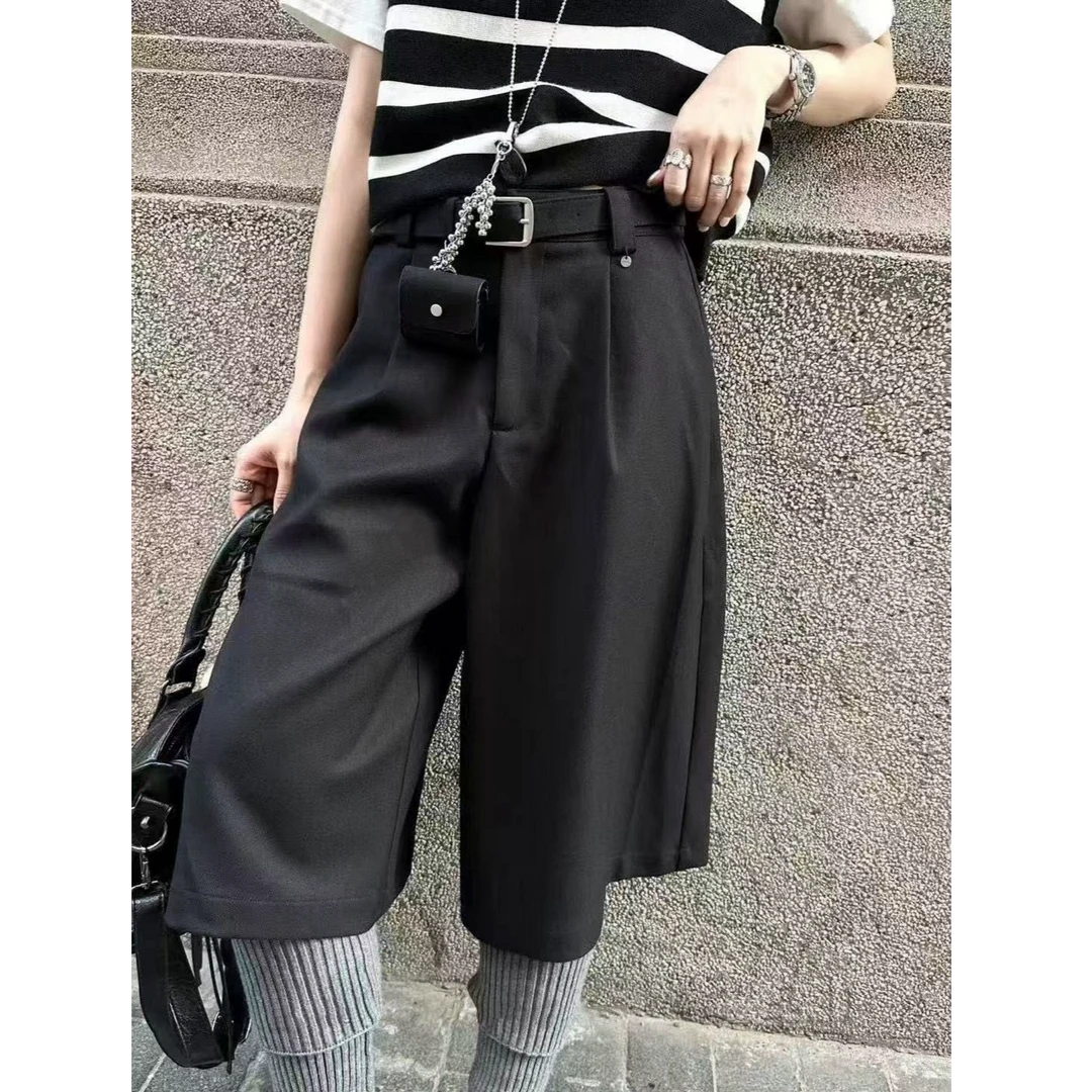 韩系复古高腰直筒黑色阔腿裤女秋季宽松显瘦毛呢七分裤慵懒休闲裤