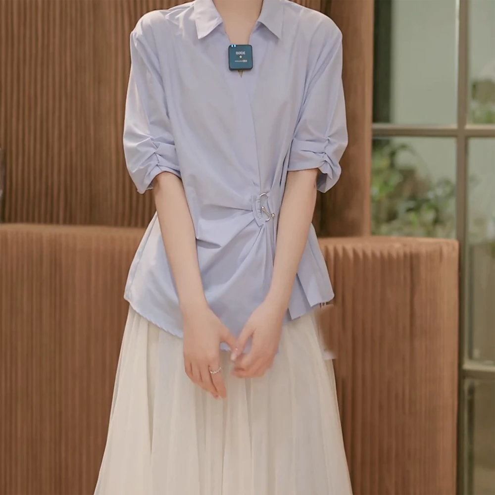 2025春夏新款套装气质裙子女不规则V领长袖衬衫+纱裙半身裙两件套