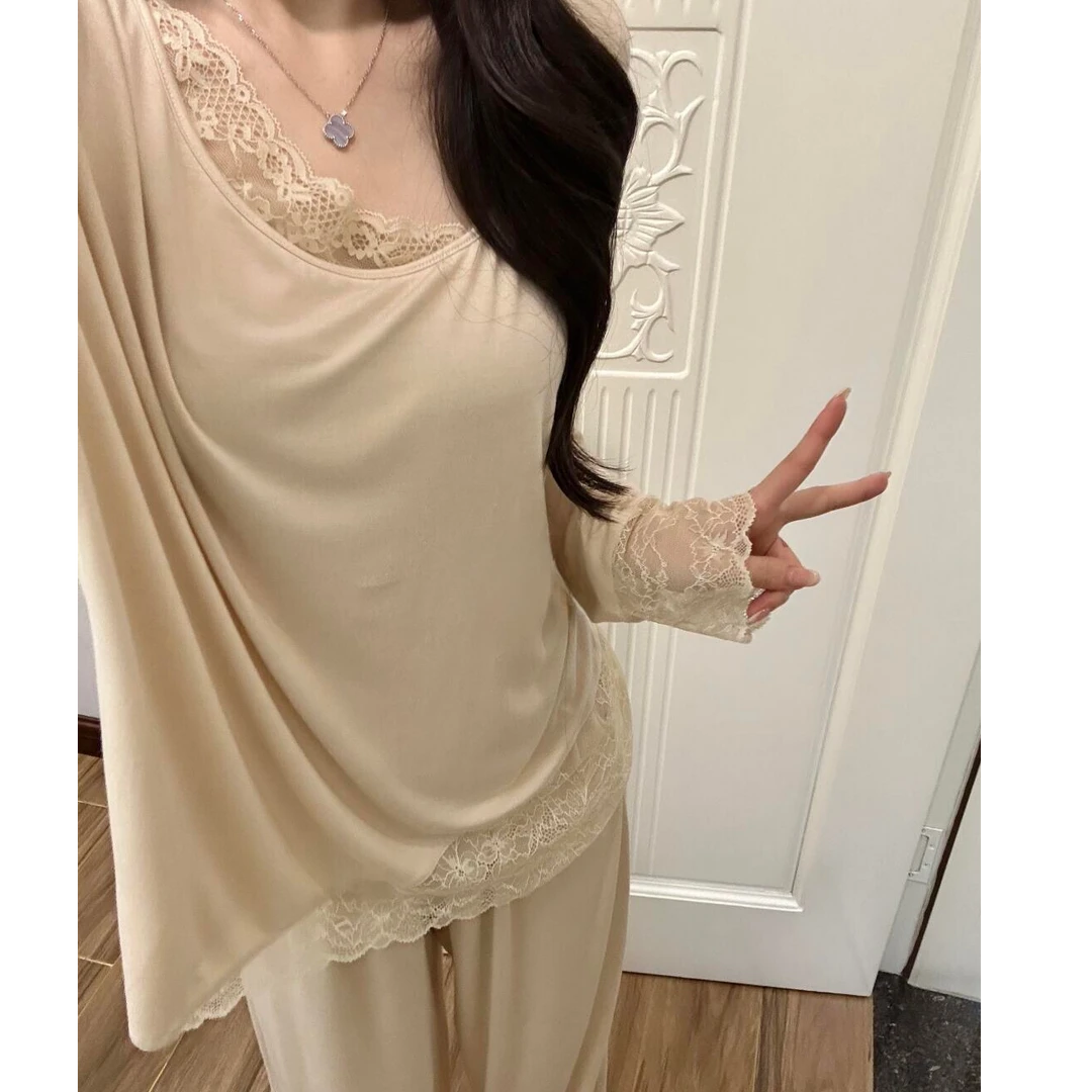 韩版纯欲裸色蕾丝花边睡衣女款春夏季气质长袖长裤大码可外穿