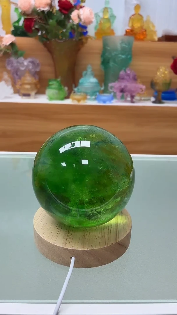 琉璃手工艺品绿色星空球10公分（带灯底座）