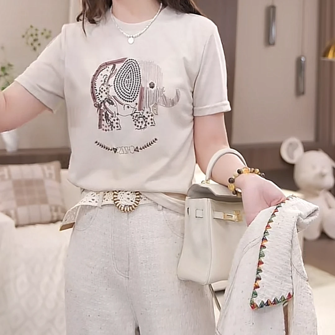 设计感大象刺绣短袖T恤女2025新款春夏时尚休闲百搭气质圆领上衣