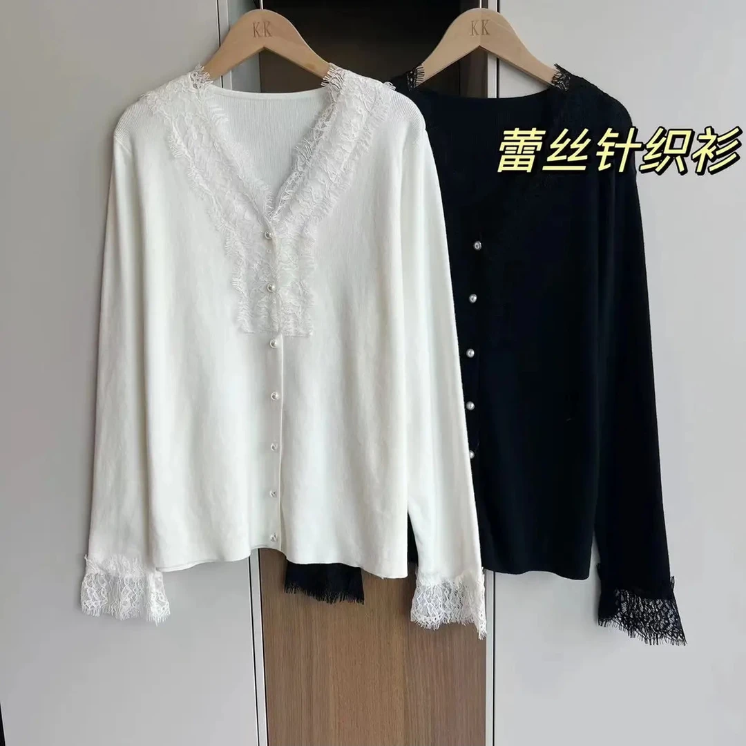 【胖瑶瑶家】春款法式气质V领拼接蕾丝百搭显瘦打底衫开衫蕾丝开衫