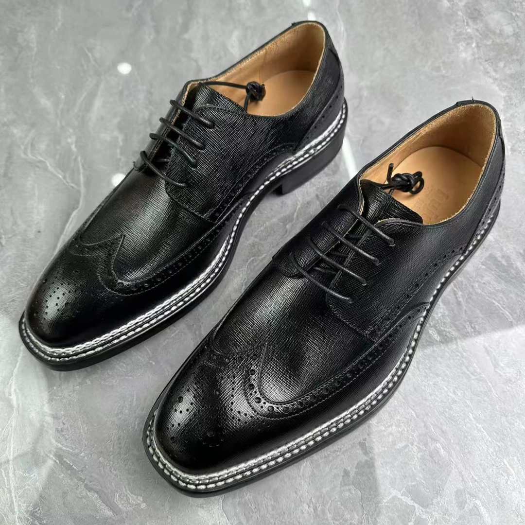 【Bujan】沉船皮布洛克手工挪威四线男士时尚黑英伦风固特异真皮底