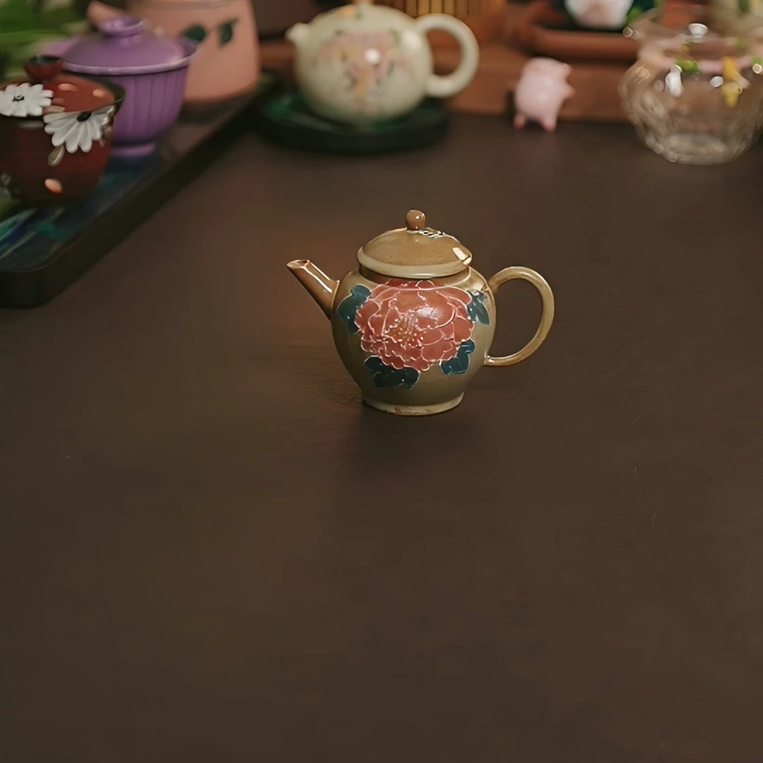 复古手绘牡丹釉下彩堆绘立体古朴雅致陶瓷茶具水平壶（容量150ml）