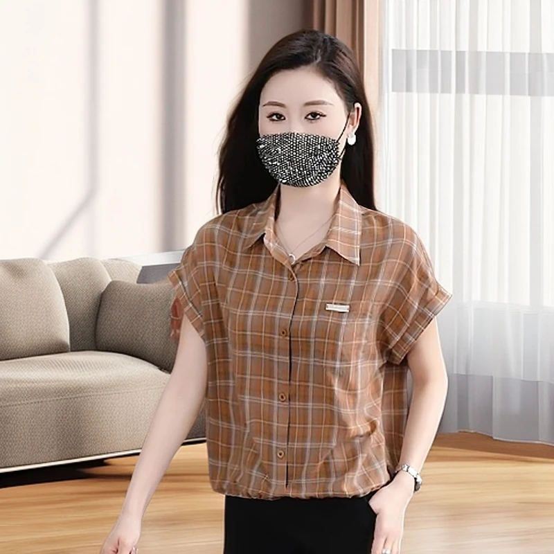 复古polo领格子衬衫女2025夏季新款时尚休闲巨好看减龄短袖衬衣潮