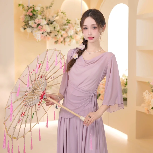 3659 D舞蹈服女现代舞前拼片系带飞袖荡领上衣日常练功跳舞专用