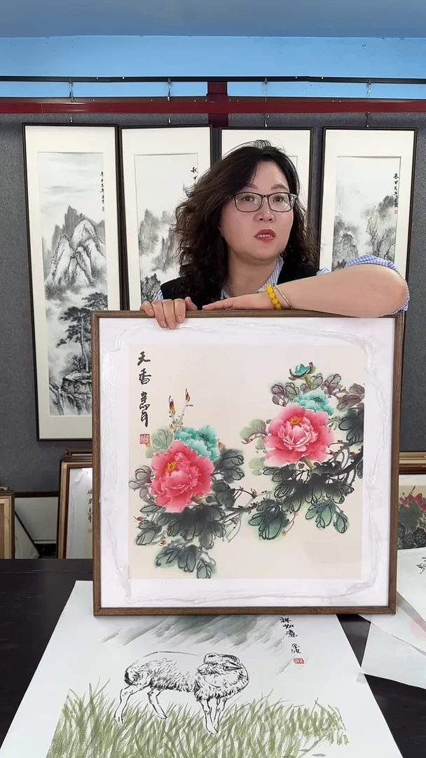 国画实木装裱  牡丹 60*60