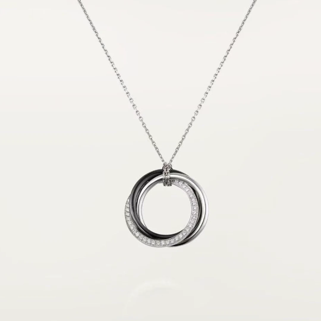 99新 Cartier/卡地亚 18k白金Trinity三环镶钻黑陶瓷项链