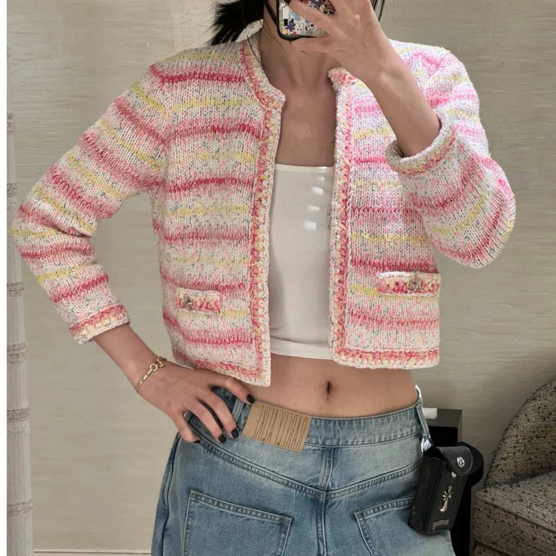 99新 Chanel/香奈儿 36码粉色拼黄色条纹爱心图案短款开衫