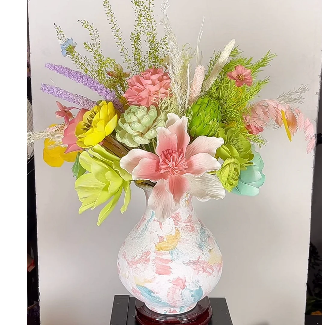 通草花 绿粉色系360度旋转餐桌花束家居摆件