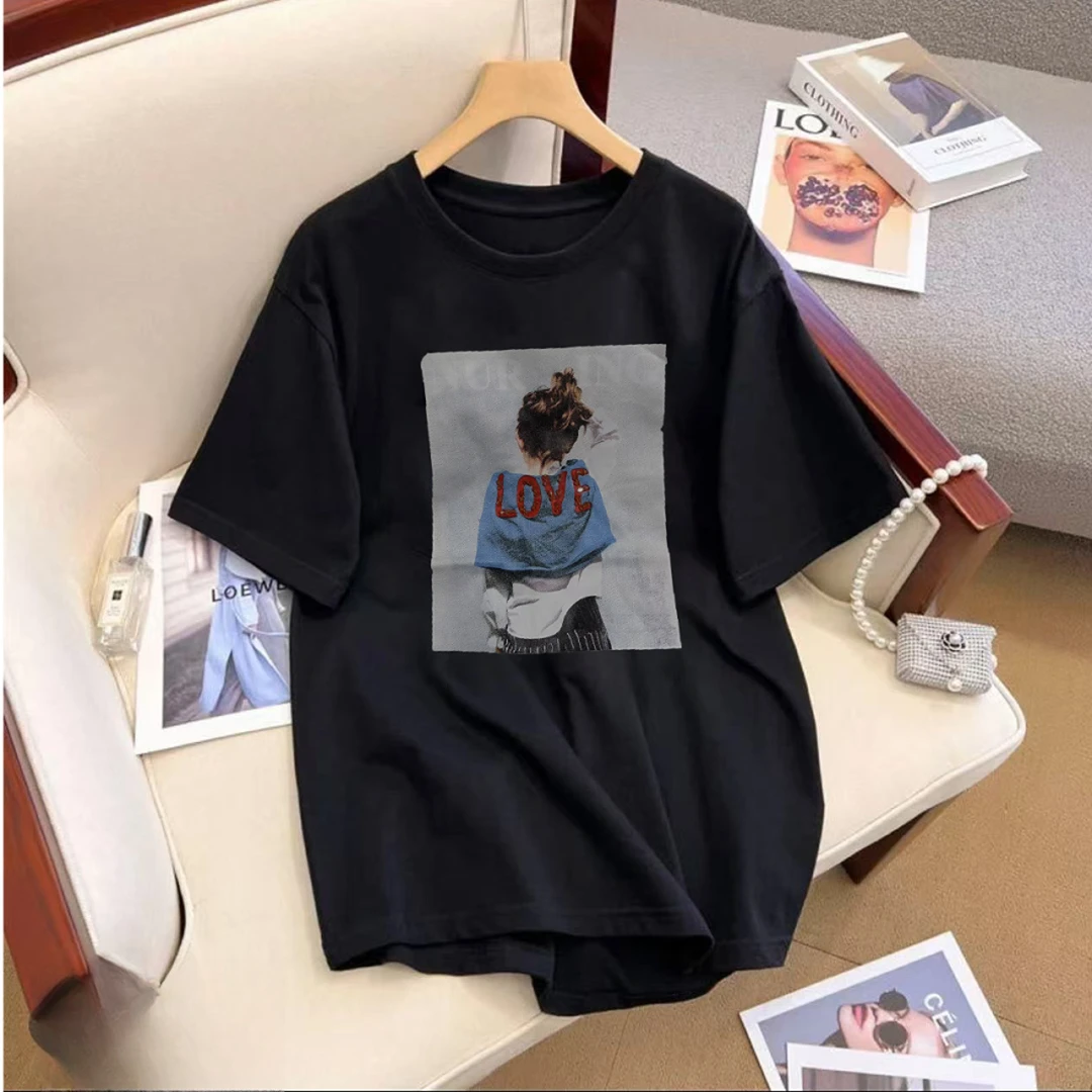 21300纯棉夏季LOVE背影女孩钻钻重工100%短袖女