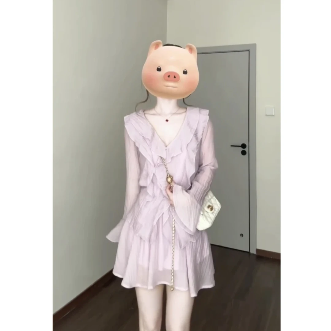 夏季少女风紫色荷叶边套装裙女新款设计感收腰短裙两件套F003