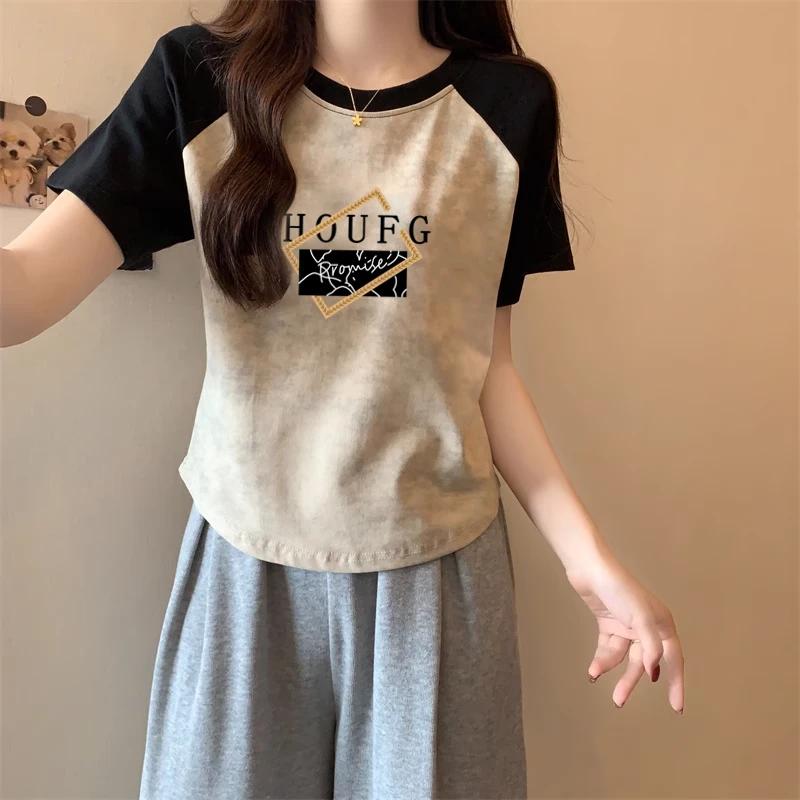 2025新款夏季扎染短袖撞色女士印花插肩袖t恤ins韩版胖mmT恤