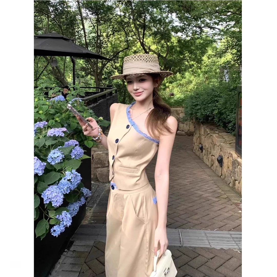 高级感拼接休闲时尚套装女夏季爆款薄款拼接格子上衣阔腿长裤套装