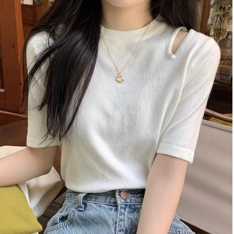 正肩短袖t恤女2025新款夏季镂空设计感洋气别致独特短款针织上衣