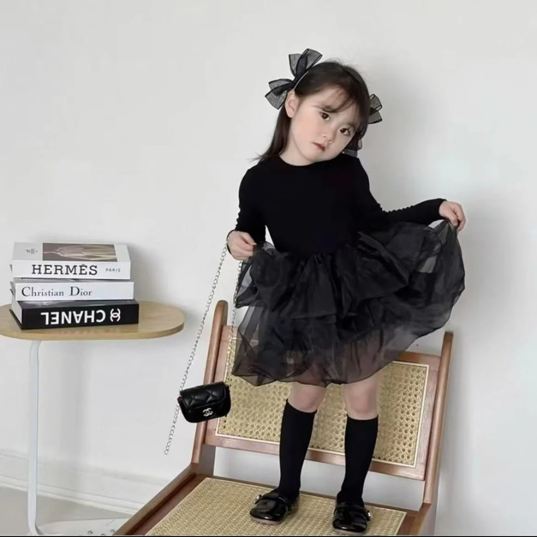 女童长袖小黑裙新款泡泡纱儿童气质蓬蓬公主裙子