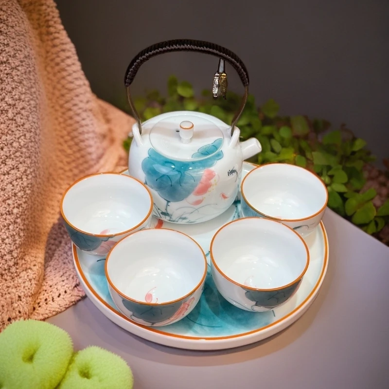 手绘鱼ZH2604戏荷花提梁壶+4个手绘鱼戏荷花品茗杯+手绘鱼戏荷