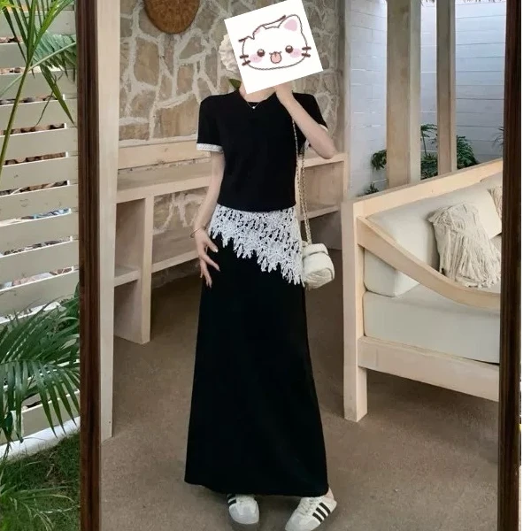修身显瘦短款圆领短袖T恤打底衫高腰蕾丝拼接半身裙两件套装2583