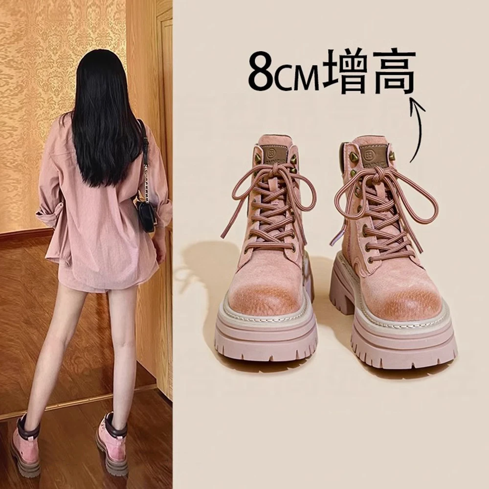 粉色马丁靴女款2025春秋新款爆款小个子增高短筒靴子户外工装靴