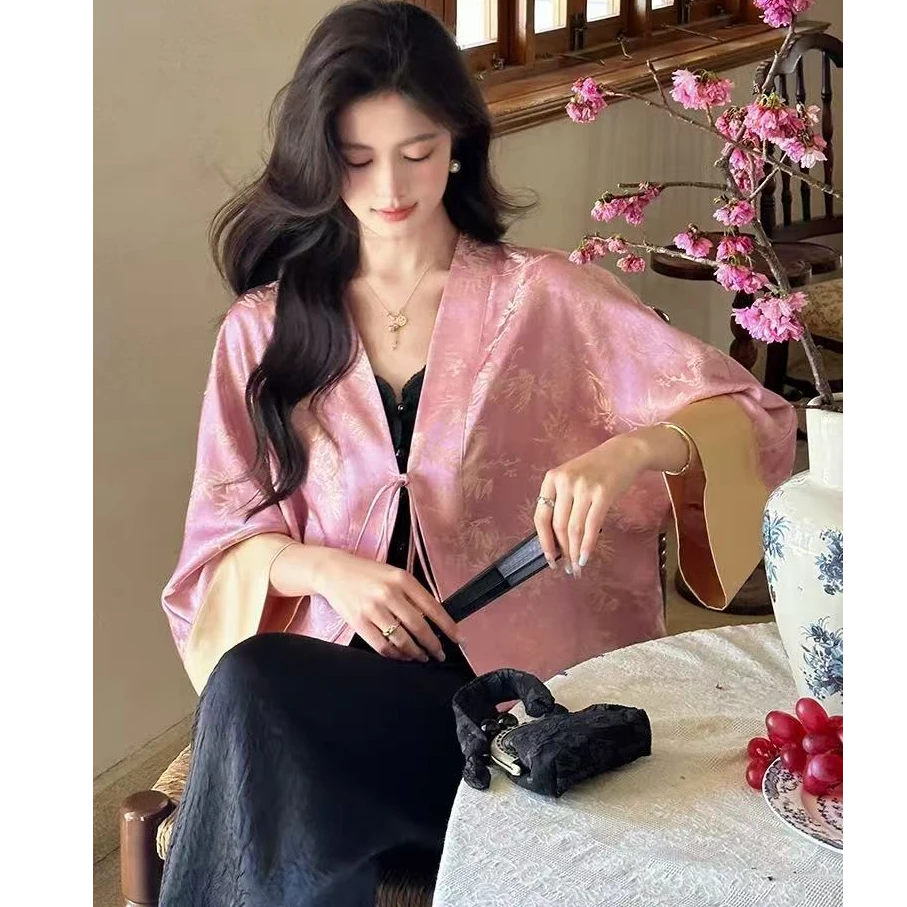 气质新中式人丝提花醋酸袖国风口短款系带上衣女网红轻奢设计感