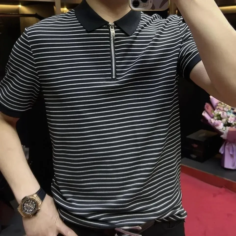 薄款夏季条纹短袖拉链Polo衫休闲潮流男士透气轻奢时尚百搭半袖