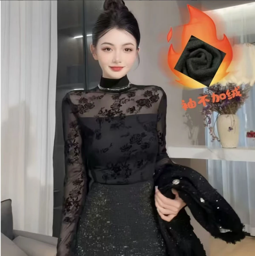 2024new冬季韩系欧货半高领碎花蕾丝衫女打底衫内搭上衣 百搭好穿