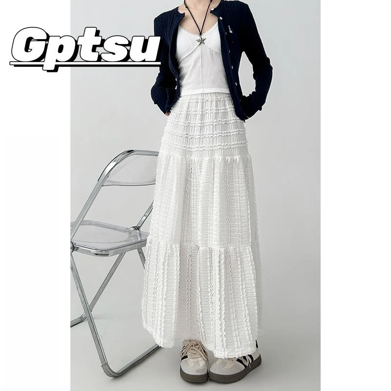 GPTSu大码胖白色半身裙女微胖小白裙中长裙设计感小众花边伞裙子