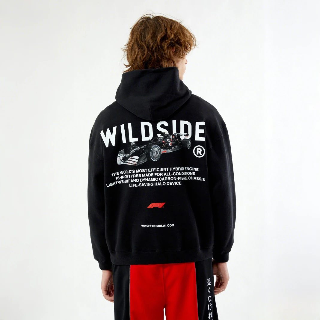 PACSUN×F1×山本耀司 2025新款纯棉套头卫衣黑色修身连帽卫衣