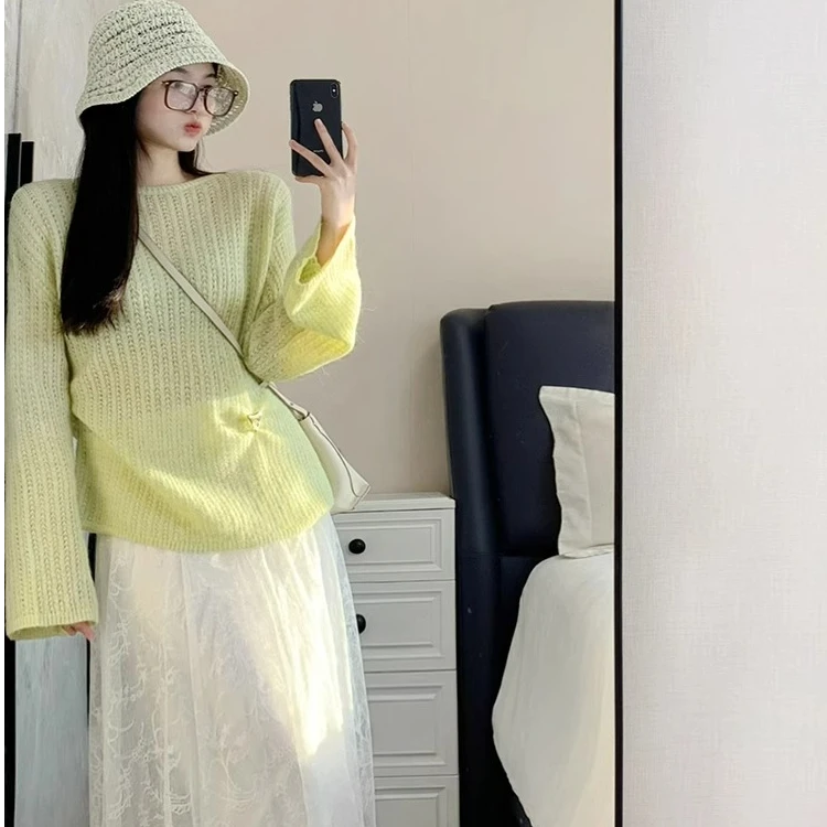 绿色宽松针织防晒罩衫长袖T恤女2025新款开春多巴胺chic韩系上衣