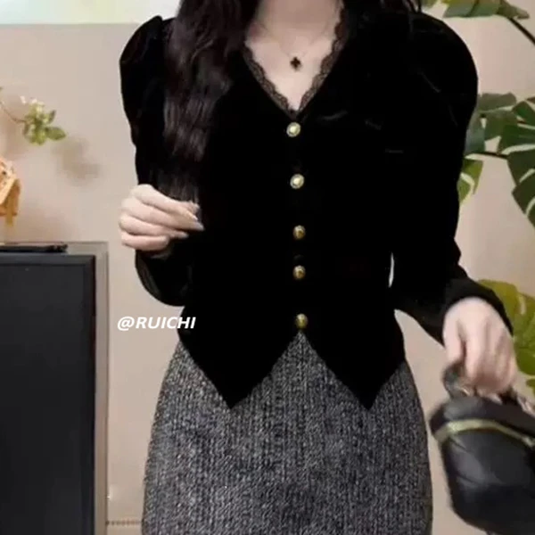 千金复古风~精致轻奢感蕾丝V领针织开衫2026新款针织衫上衣