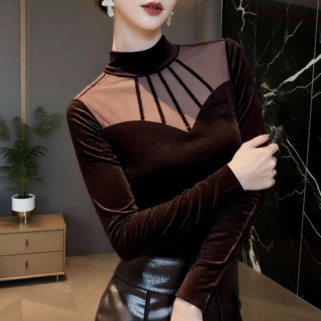 冬季2026新款丝绒网纱拼接长袖t恤修身气质洋气打底衫上衣女