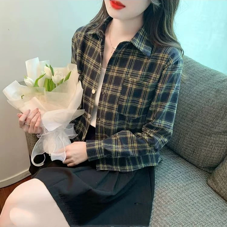 复古磨毛外穿格子衬衫女春秋季POLO领秋装格子衬衫衬衫女款外穿