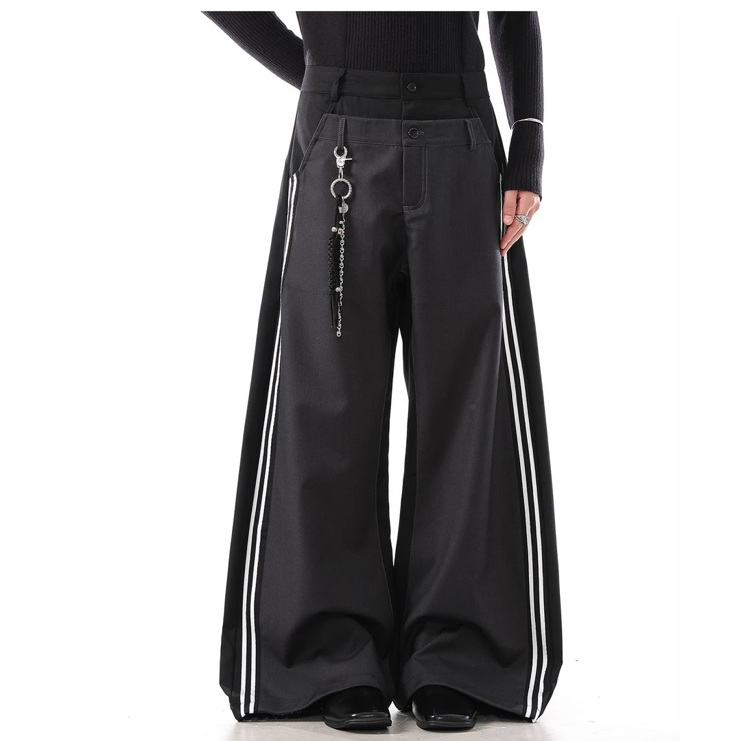 美式街头双腰头拼接条纹休闲裤男宽松潮牌撞色高腰阔腿弯刀裤