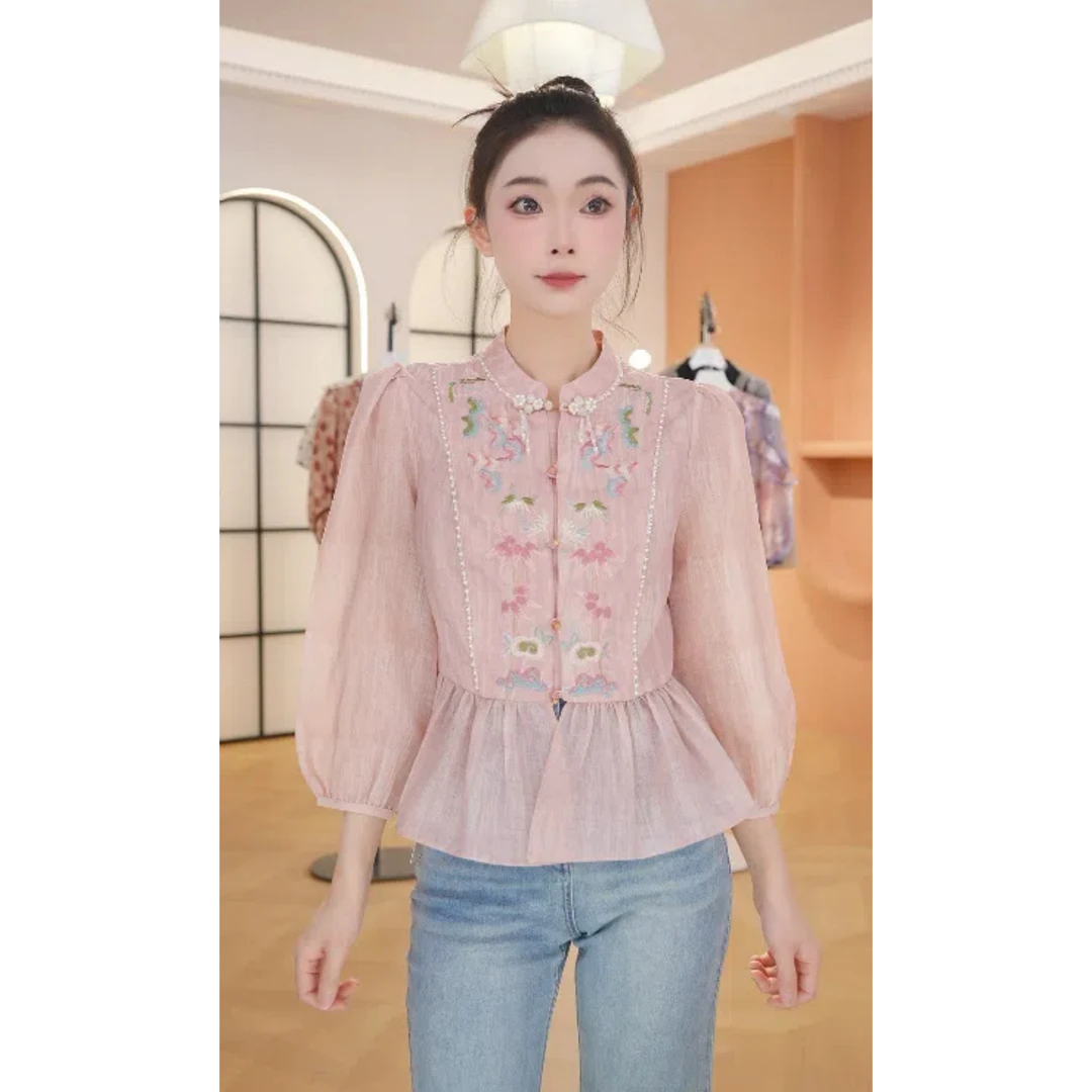 X25003新中式高端气质系立领盘扣衬衫国风2025春夏新款洋气