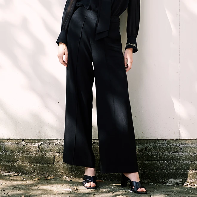 mithworld/沵媞2025新款阔腿裤休闲风刺绣直筒长裤女W1GSV0011BK1