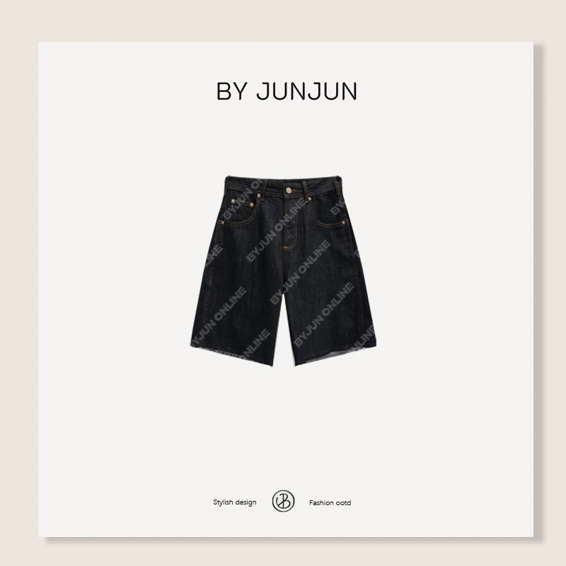 ByJunjun韩系定制毛边牛仔中裤夏季薄款显瘦五分裤