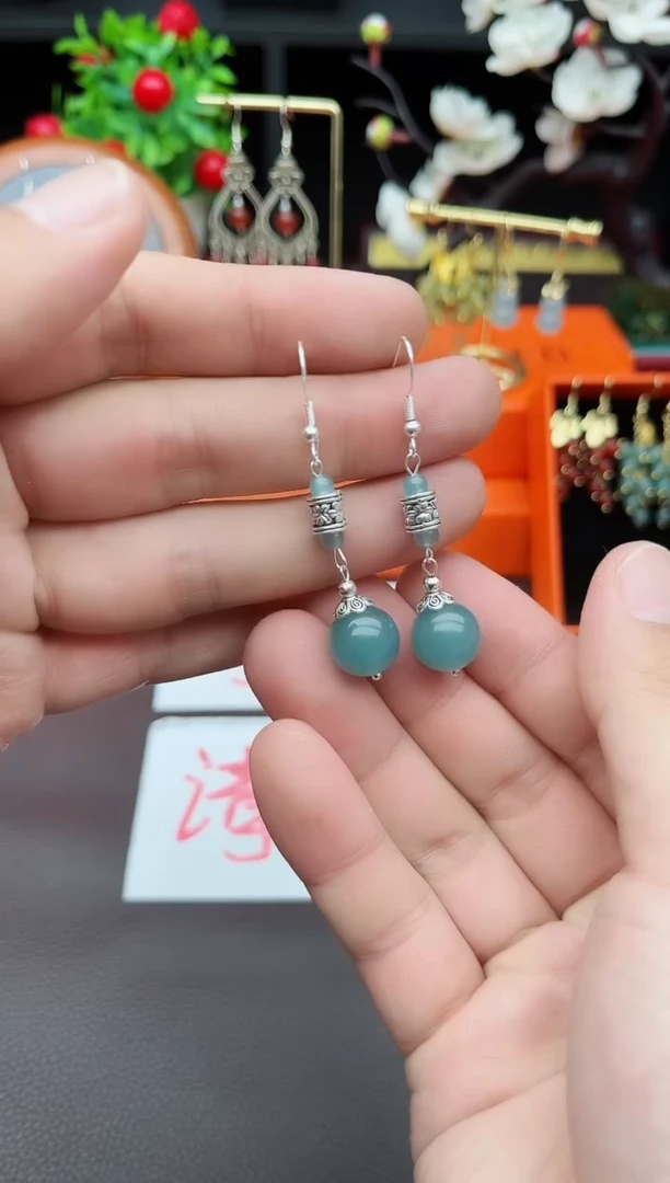 石英质玉（天山翠）银S925镶嵌耳饰X04