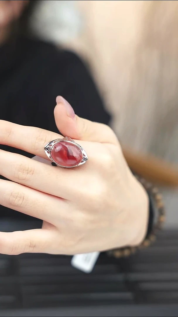 银S925镶嵌戒指水晶胶花祥云包边开口戒指