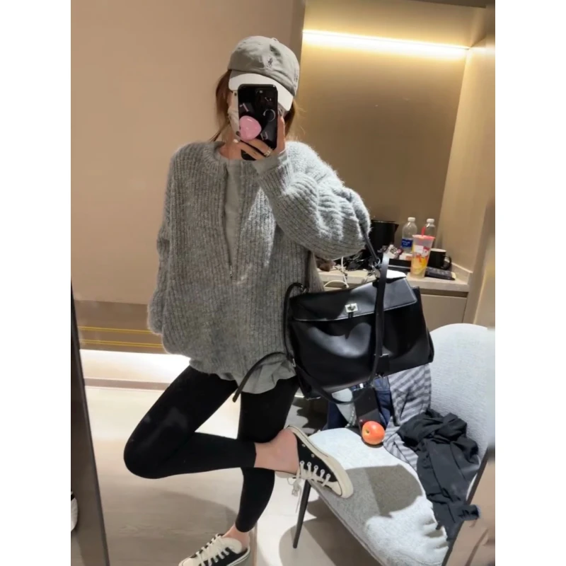 真心舒服！灰色慵懒秋冬百搭针织衫女开衫外套宽松毛衣拉链上衣