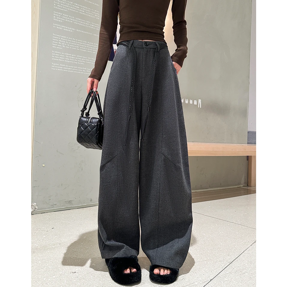动感少女毛呢弯刀休闲裤女2025秋季韩版高腰宽松阔腿裤拖地长裤潮