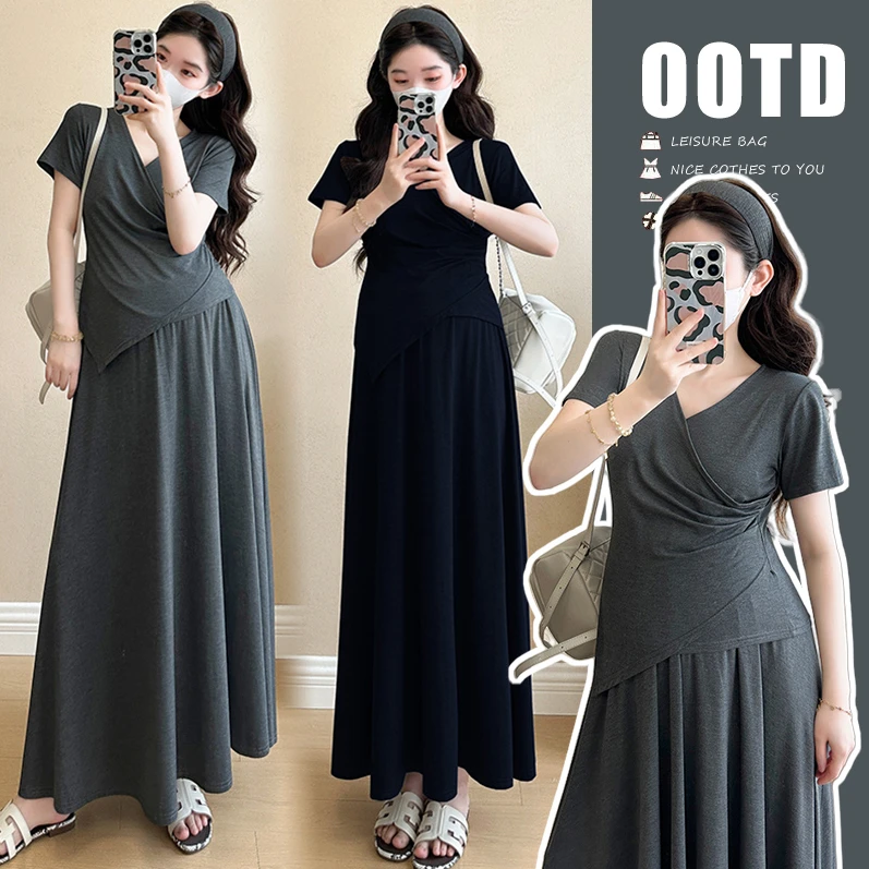 时髦孕妇装新款2025夏装套装慵懒风简约时尚显瘦上衣半身裙两件套