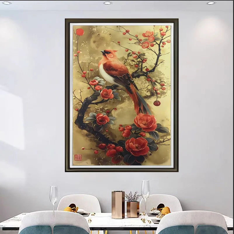K22喜鹊登枝时尚餐厅客厅床头轻奢挂画装裱实物鎏金画装饰画