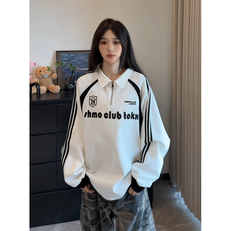 美式半拉链加绒polo衫卫衣男女秋冬新款拼接字母印花潮牌长袖t恤