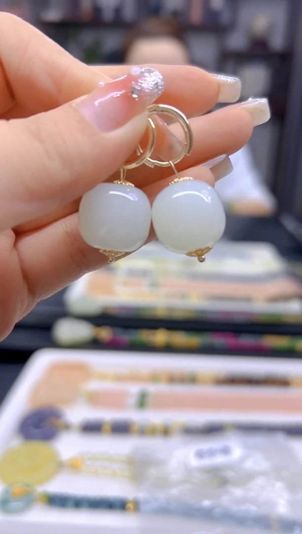 和田玉14K金镶嵌耳饰DIY款E408