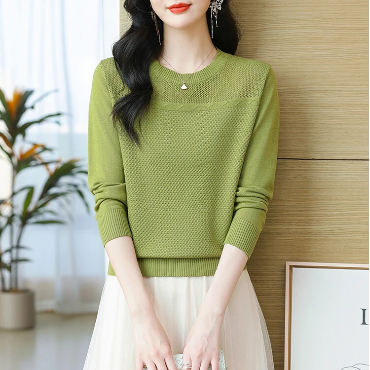 春秋新款长袖T恤女宽松减龄针织打底衫气质休闲圆领显瘦遮肉上衣