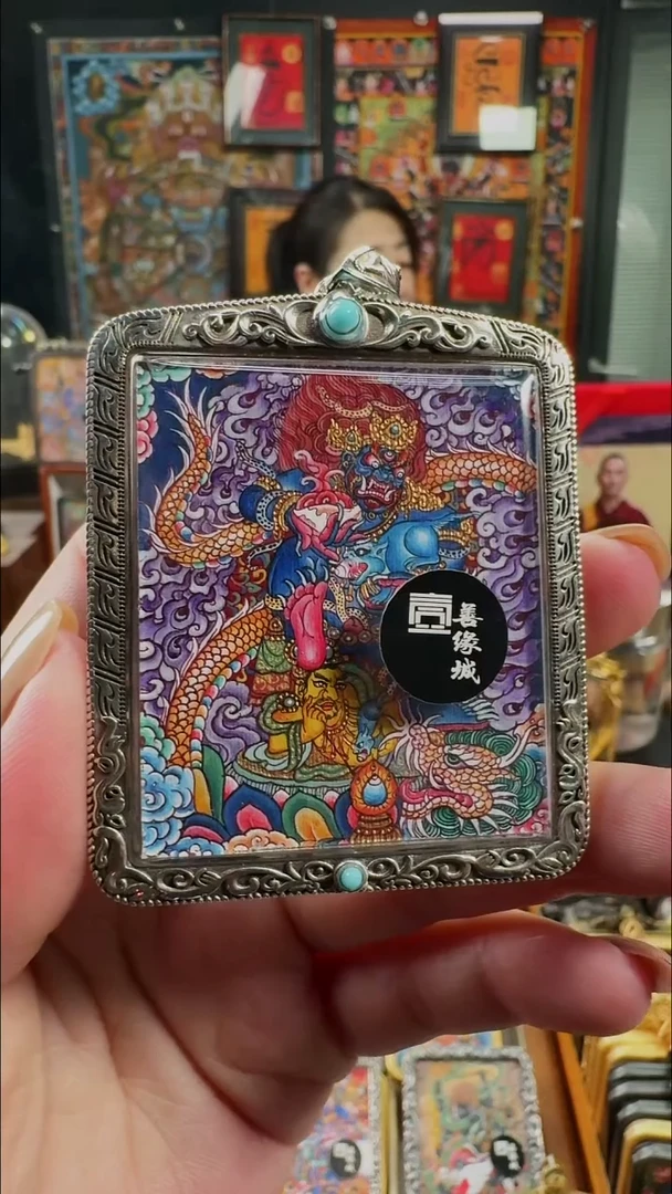 吊坠壹善缘城手绘唐卡黑C银壳