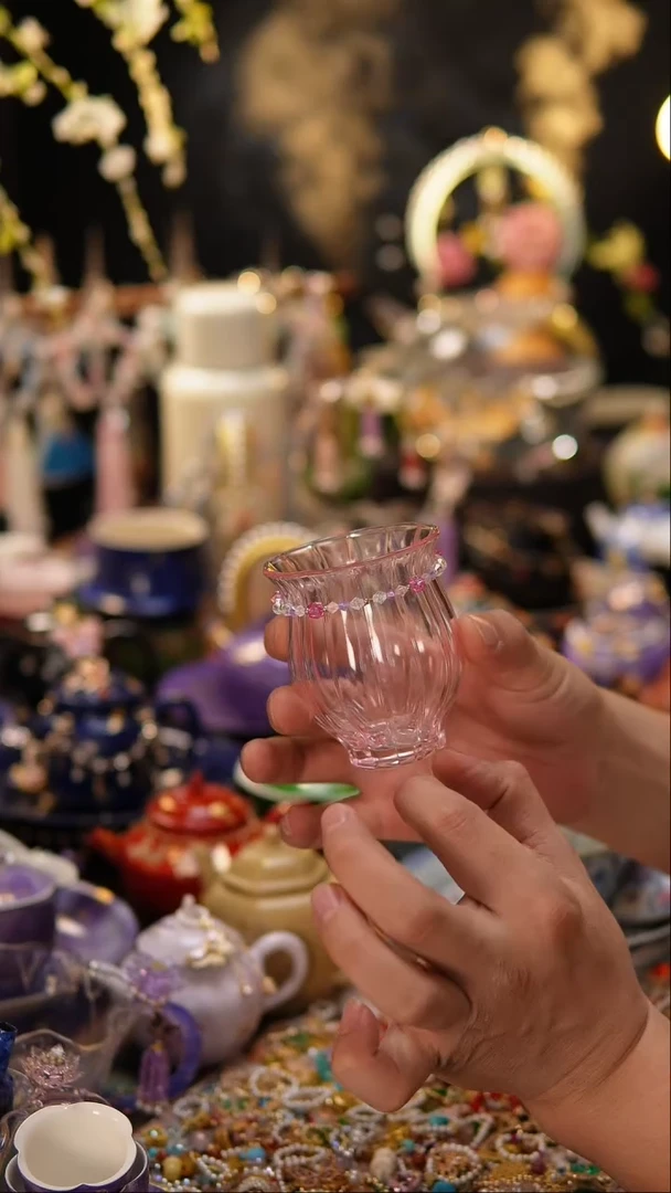 茶宠粉色水晶玻璃杯+链子