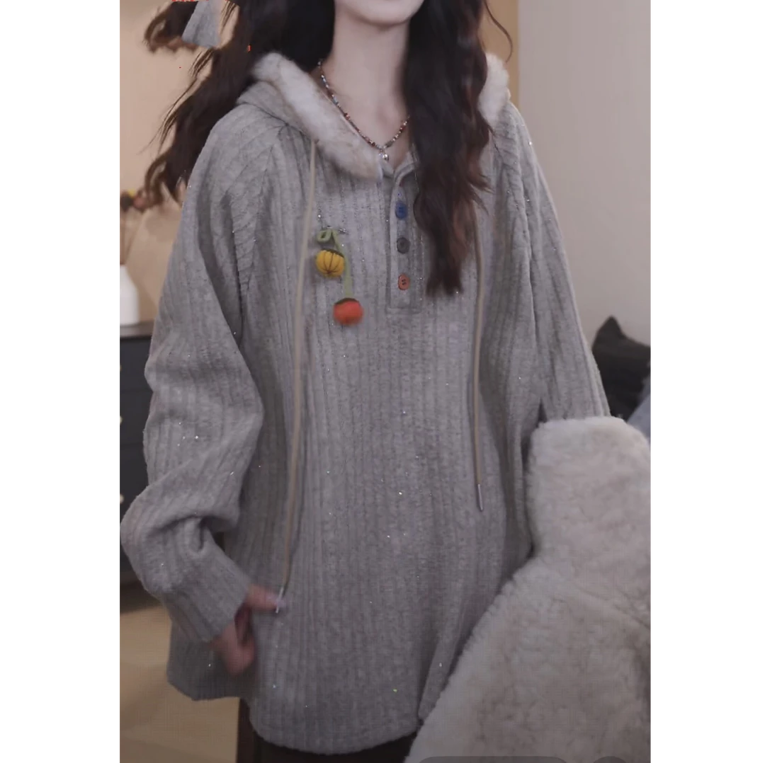 时尚气质秋冬慵懒风软糯休闲百搭时尚高级感连帽卫衣+胸针