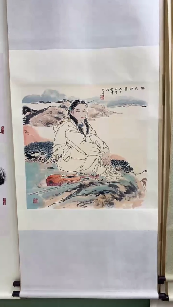 竖款精品斗方人物卷轴，